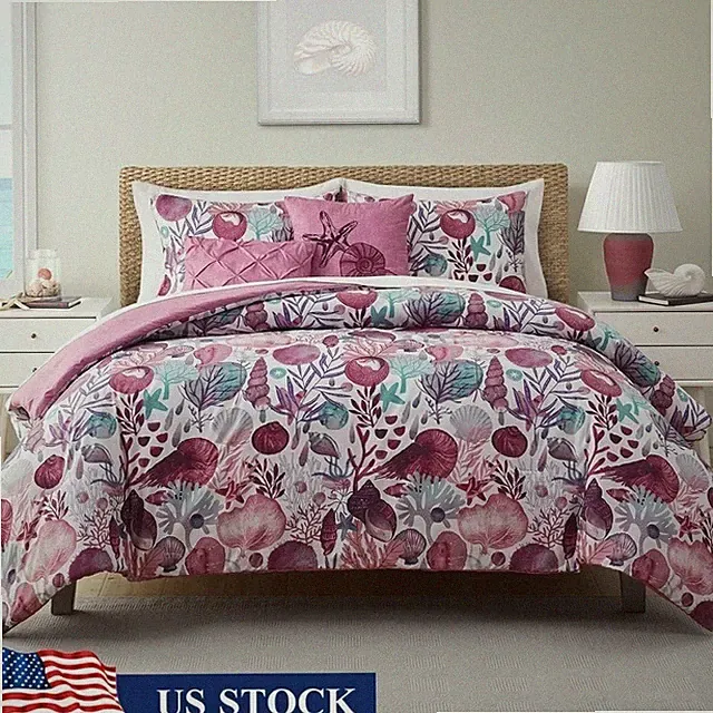 Reversible Comforter Set 5 Piece Multicolor Abstract Seashells Full Queen Pink