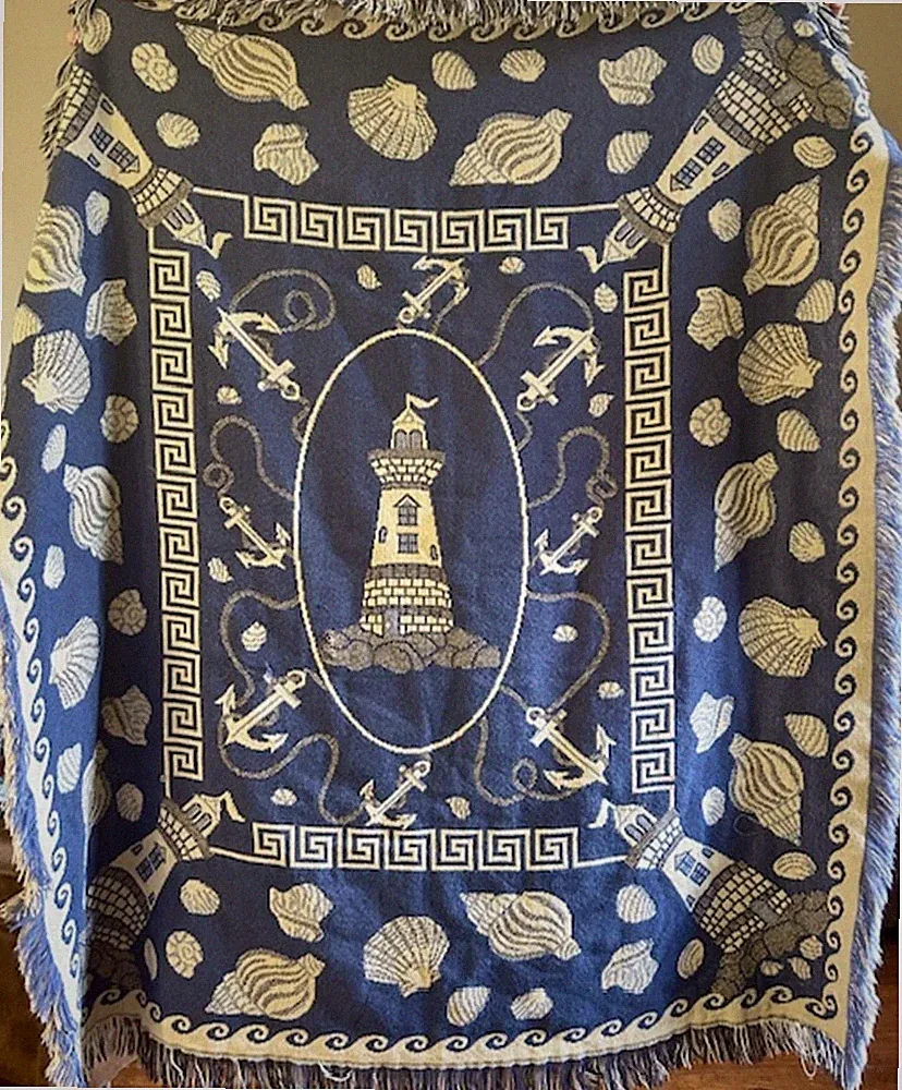 Reversible Nautical Lighthouse and Shell Pattern Throw Blanket
