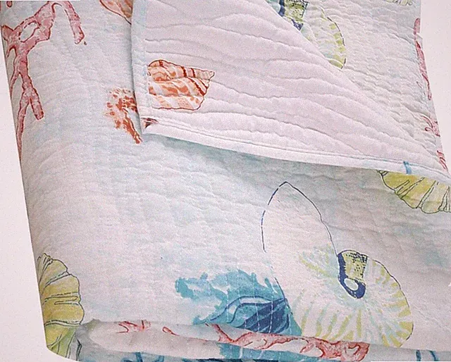 SARASOTA BLUE SEA SHELL 2pc Twin QUILT SET : COASTAL BEACH OCEAN SEAHORSE