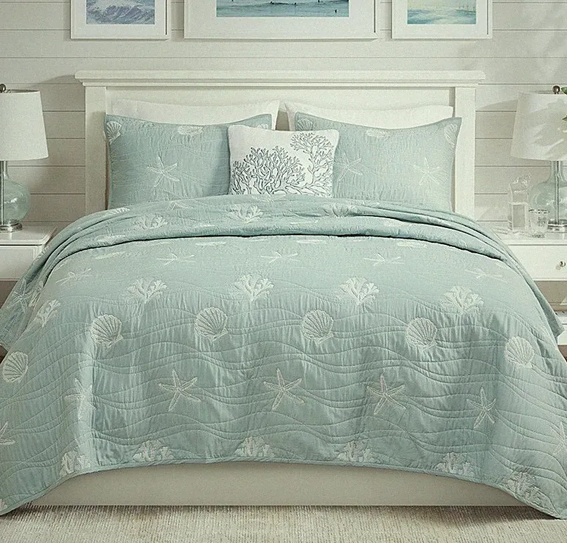 SEASHELL GREEN 4pc Full Queen QUILT SET : BEACH HOUSE OCEAN SEA SHELL TROPICAL