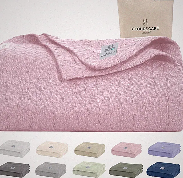 Seashell Pink 100% Cotton Blanket - Cozy All-Season Herringbone 92x92