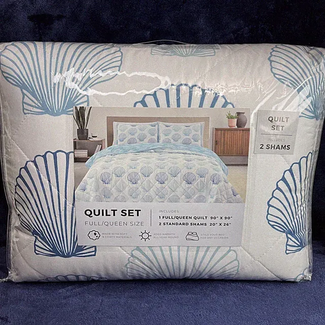 Seashell Quilt Set Full/Queen Coastal Blue White Includes 2 Shams NEW