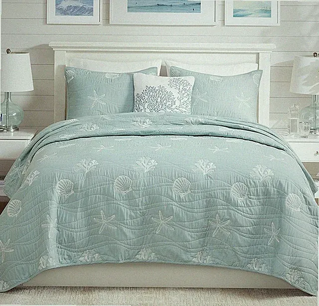SEASHELL SEAFOAM GREEN 4pc King / Cal QUILT SET : BEACH HOUSE SHELL TROPICAL