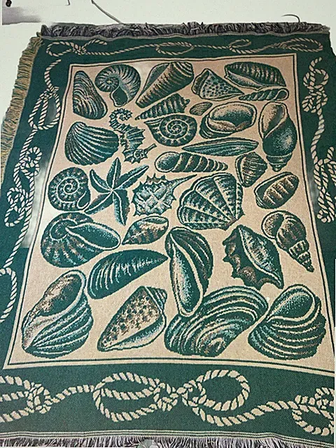 Seashell Seashore Beach 100 Percent Cotton Throw Blanket Afghan Teal Green Beige