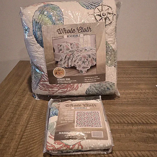 Seaside King Cracker Barrel Cotton Quilt Reversible Scalloped Seashell Bedding