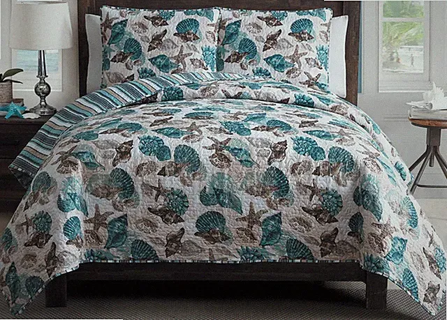 Seaside Villa Shell Treasure Coastal Beach Starfish Seashells 3P Queen Quilt Set