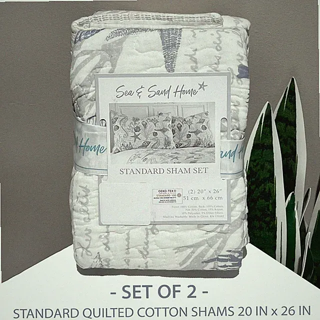 SET OF 2 New Sea & Sand COASTAL Seashell Grayish Blue Quilted Standard Sham Set