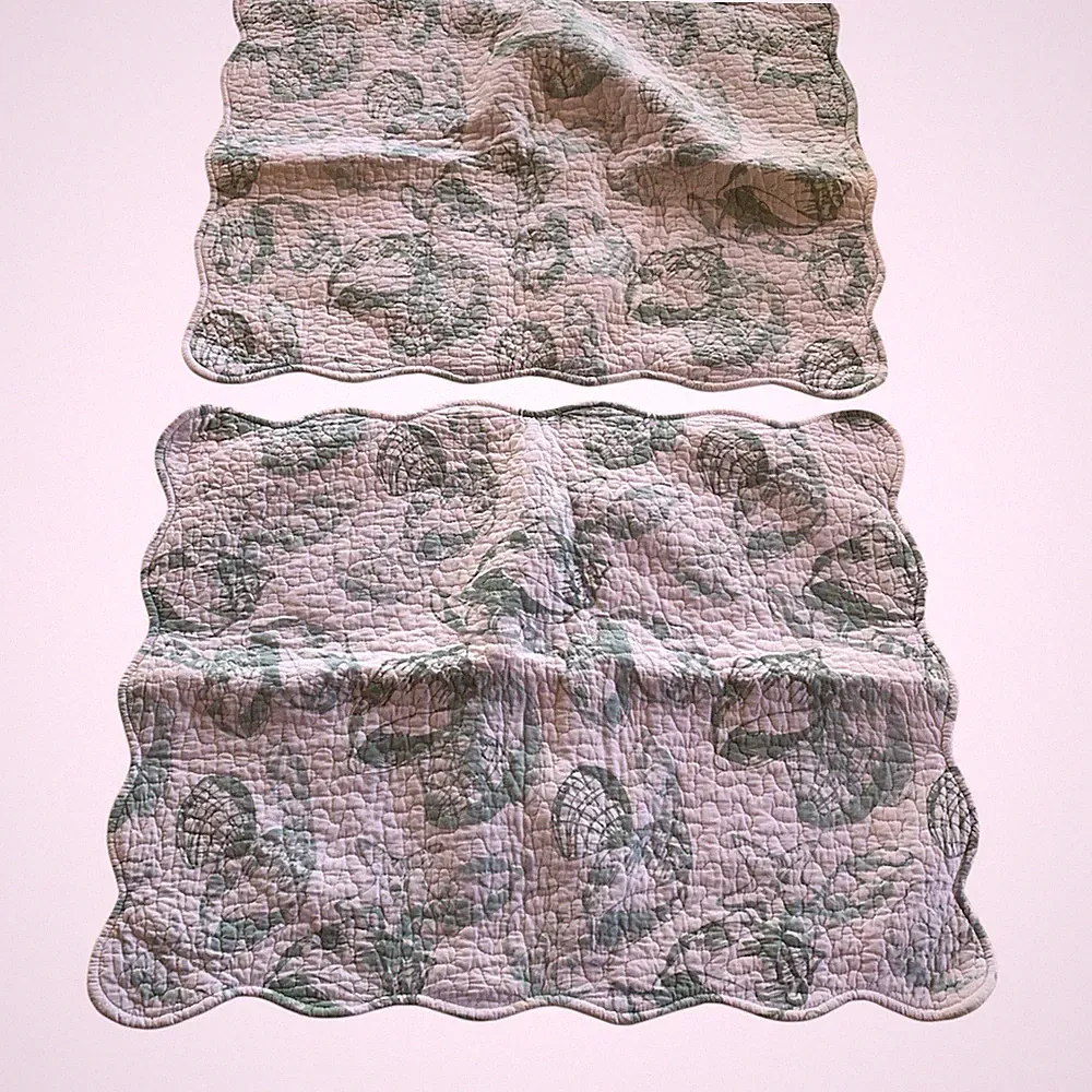 Set of 2 Standard Pillow Shams White Green Seashell Coastal Cottage Quilted