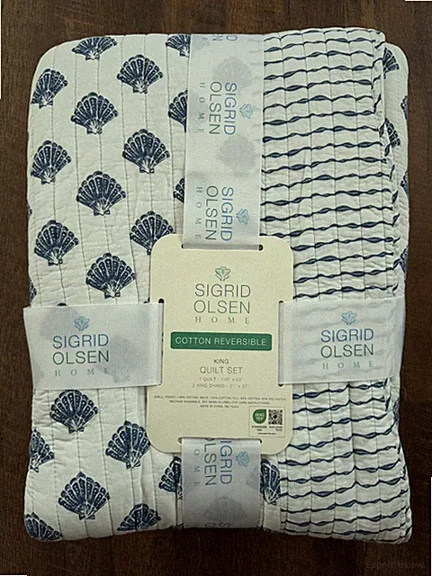 Sigrid Olsen King Reversible Cotton Quilt Set Blue Seashell Coastal 106x92
