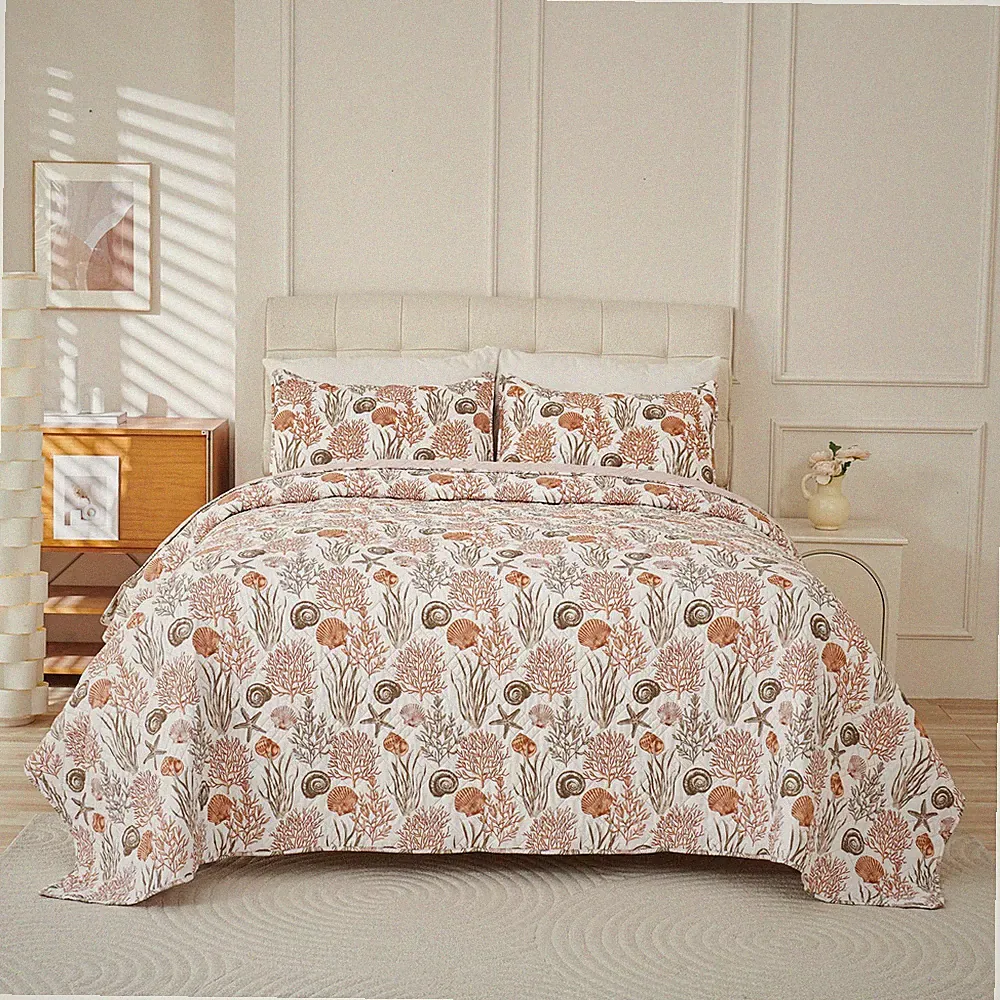 Summer Beach Bedspreads Set Seashell Conch Coverlet Sets Lightweight Bedding