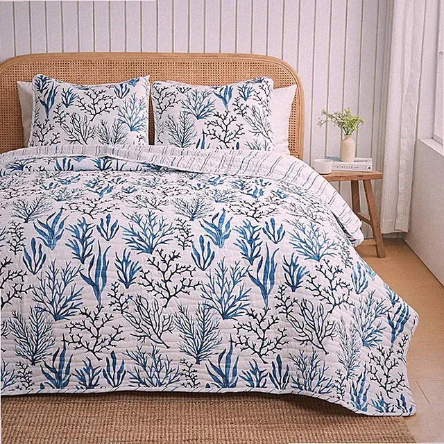Summer Coastal Quilt Bedding Set Lightweight Nautical Quilted Coverlet All Seaso