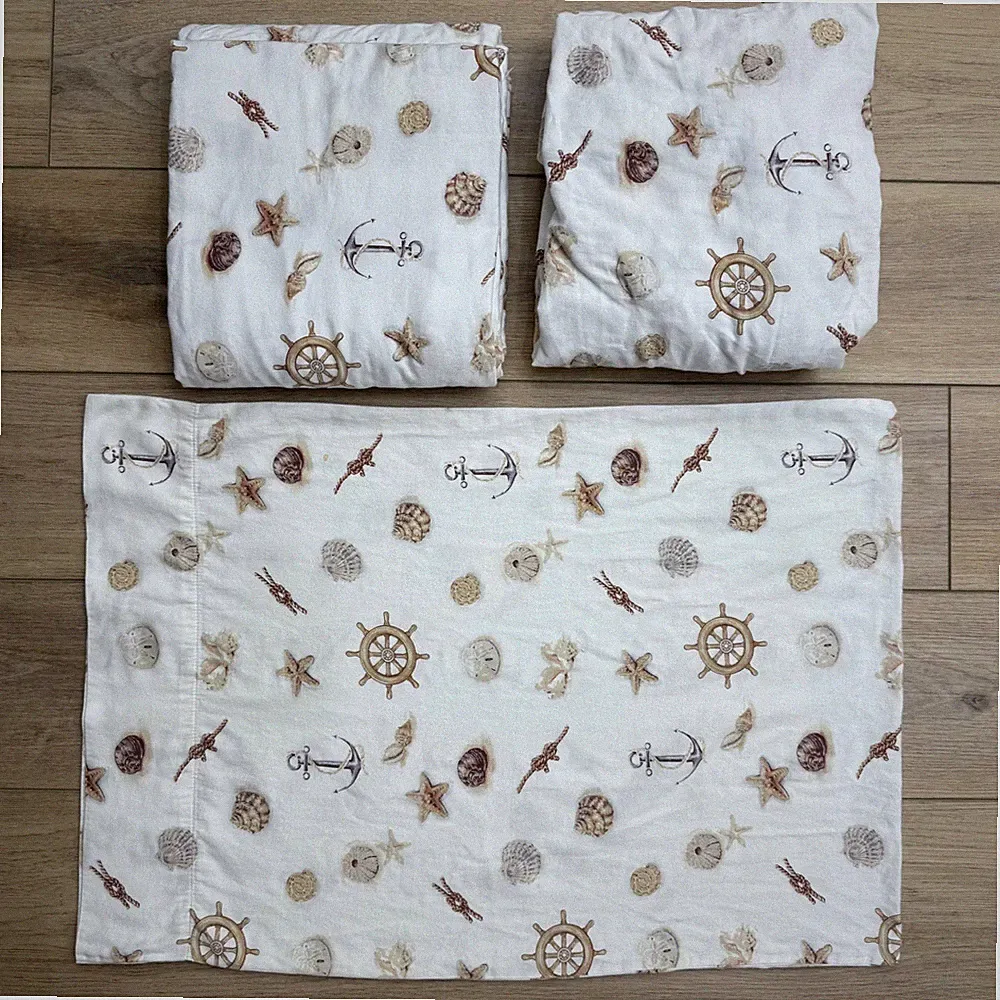 Twin Sheet Set Cotton Nautical Coastal Seashell Anchor Starfish Ship Wheel