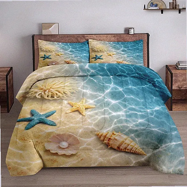 Twin Size Comforter Set with Pillowcase, Summer Marine Seashell Starfish Beach O