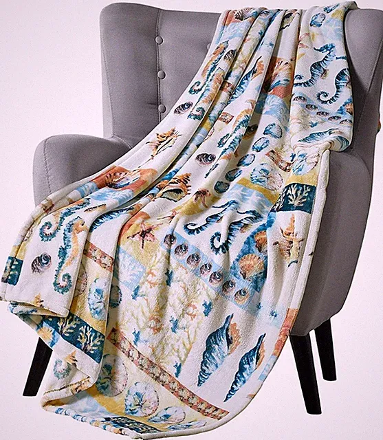 VCNY Coastal Throw Blanket Sea Life Seahorse Coral Sand Dollars and Shells
