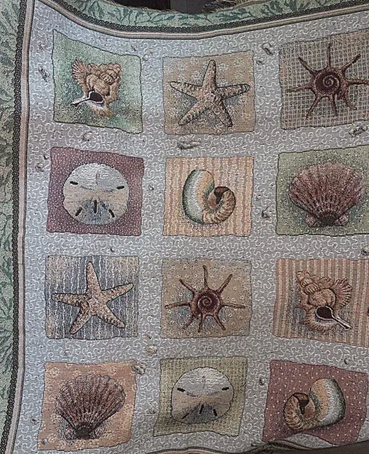 Vintage Coastal Beach Seashells Afghan Woven Throw Blanket 57”x48” Sea Ocean