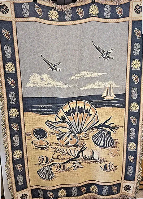 Vintage Tapestry Ocean Nautical Blanket Seashore Beach Seashells 68x46