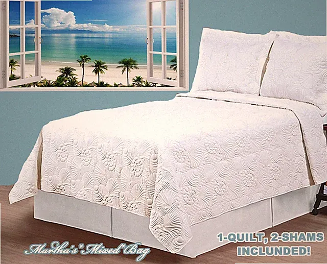 WHITE SEASHELL QUILT SET W/SHAM(S) Coastal Beach House Tropical Coverlet 3 SIZES